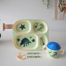 rice 孩童餐具禮品4件組, Dino款, 餐盤+吸嘴杯+湯匙+叉子