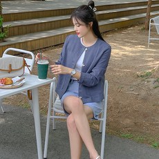 로미스토리 여성용 빅사이즈 베이직 노카라 린넨 싱글 점퍼