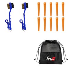 NAYASTYLE 高爾夫球桿頭清潔器 GFYP-32-2 2入 + 塑膠高爾夫長球釘 185-4PU 10入 + 收納袋套組, 混色