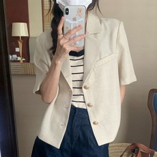 앤드스타일 여성용 싱글 골드 버튼 린넨 반팔 자켓 260468