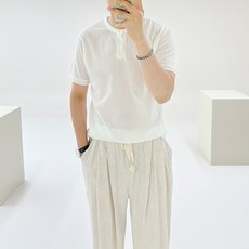 아도르클래식 남성용 그리드 3버튼 헨리넥 라운드 니트 반팔 티셔츠