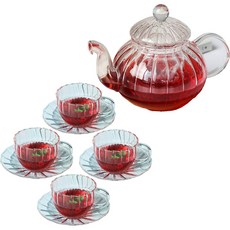 ACACIA 花紋造型耐熱玻璃茶壺+咖啡杯碟 4件組, 單色, 610毫升