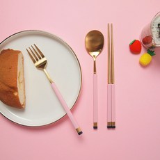 Bogen 孩童雙色金屬湯匙+筷子+叉子, 金色 粉色, 湯匙+筷子+叉子, 1組