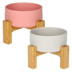 meongzi 2層陶瓷餵食碗組 2入 S號, 灰色, 粉色, 1套