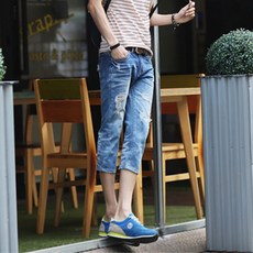 PLAYS 男士水洗刷破修身七分牛仔褲