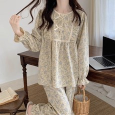 Elsso 女款大尺碼荷葉邊蝴蝶結公主上衣+下衣睡衣套裝