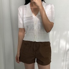 針織女款鏤空網眼開襟領短袖前開式罩衫