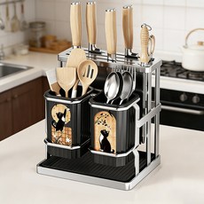 빈티지 물빠짐 조리도구 정리 무타공 칼꽂이 수저통, 블랙, 1개