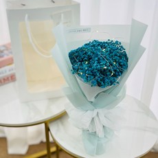 러블리팜 조화 프리저브드 안개꽃 조명꽃다발 + 쇼핑백 세트 M, 블루, 1개