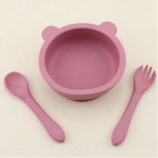 RAONDAM 嬰幼兒小熊矽膠吸盤碗 + 餐具組, 1套, 粉紅色, 吸盤碗 + 湯匙 + 叉子