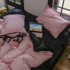 믹스앤매치 에센셜 스트라이프 극세사 차렵이불 + 리본 베개커버 세트