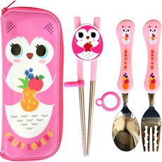 獅子印花餐具組, 貓頭鷹款, 不銹鋼筷子+學習環+湯匙+叉子+餐具盒, 1組