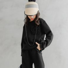 女童荷葉邊點綴冬季刷毛上下衣套裝