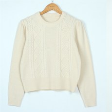 빼빼 여성용 꽈배기 퍼프소매 세미크롭 니트티셔츠