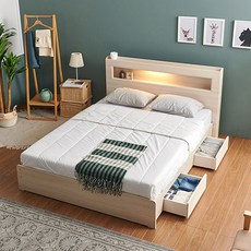 라자가구 플레인 LED 스탠다드 서랍 침대 + 매트리스 방문설치, 메이플