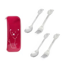 Table Art 兒童眨眼熊湯匙 2入+叉子 2入+餐具袋, 紅色(餐具盒), 湯匙2入+叉子2入+收納袋