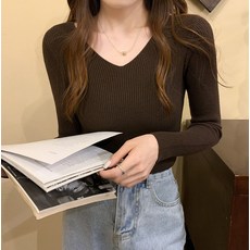 마켓에이 여성용 브이넥 골지 긴팔 니트