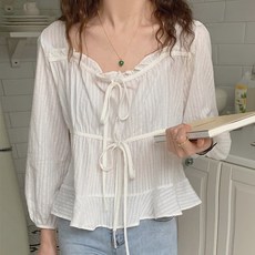 TANIZ 女款方領荷葉邊綁帶襯衫