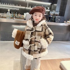 Orendamom 女童大格紋連帽毛絨熊外套