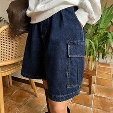 NANING9 女款Pekint丹寧工裝鬆緊帶棉質短褲