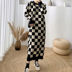 Queenis 女士大格紋針織長版連身裙, 單一顏色