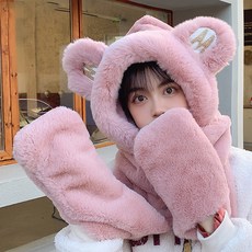 NAYA STYLE 小熊造型一體式絨毛圍巾手套 DJBG-104, 玫瑰粉(DJBG-104-6)