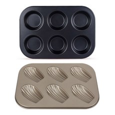 瑪芬烘焙烤盤 6格 黑色+瑪德琳烘焙烤盤 6格 金色, 1組