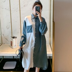 孕婦雙色長袖襯衫連身裙
