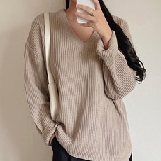 Lamir 女款寬鬆版型半羅紋針織V領側開衩Oversize針織衫