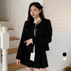 베러스윗 여성용 노카라 리본단추 무지 트위드 자켓