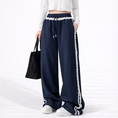TheSirup 女款條紋蕾絲飾邊寬褲
