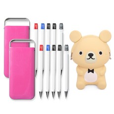 矽膠小熊收納包 隨機出貨 + 口袋原子筆 黑色 2支 + 紅色 + 藍色 + 自動鉛筆 + 粉紅色筆盒套組, 混合顏色, 1套