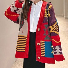 民族色寬鬆針織開襟衫