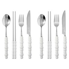 S180 泡泡陶瓷柄餐具4件組, 2組, 湯匙 + 筷子 + 叉子 + 刀子, 白色