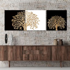 Baek & Art 黃金財運金色帆布室內裝飾生命之樹畫框 3件組 正方形 01-1
