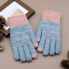 Bidangil 兒童波浪配色防寒觸控毛絨手套 雙手穿戴組