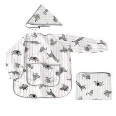 bebe chouette 孩童黑白動物圖案長袖圍裙+頭巾+收納袋