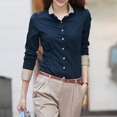 Goodif 女款休閒金色鈕扣拼色襯衫