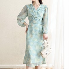 ViVEMO Le Aro 浪漫花卉V領洋裝 11702, 薄荷綠