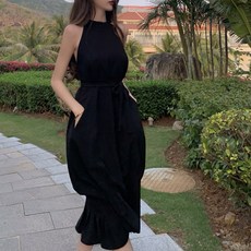 ViVEMO 削肩無袖甕形豐盈連身裙 00158, 黑色