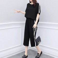 女款簡約寬外出短袖T恤+7分綁帶寬褲套組