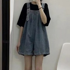 구디프 여성용 라이트 데님 멜빵 반바지 점프수트