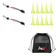 NAYASTYLE 高爾夫球桿頭清潔器 2入 + HDPE高爾夫球釘 10入 + 收納袋組合 GFYP-10-7+163-3PU, 粉紅色(清潔器), 螢光色(球釘)