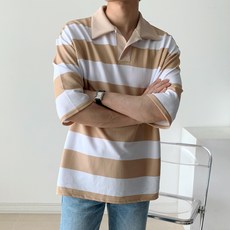 DANGOON 男性防皺寬鬆版型條紋七分袖翻領T恤