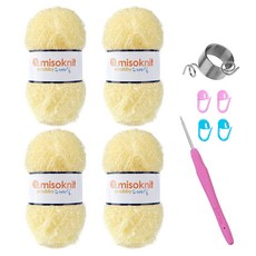 미소털실 수세미실 4p + 크로셰바늘 랜덤발송 + 단수핀 랜덤발송 4p + 뜨개반지링 세트, 56 레몬요거트(수세미실), 1개