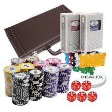 Funicampble 五星級黑桃紅泥籌碼 300p + 皮套 + 俱樂部特製德州撲克牌 2p + 方形籌碼 4p + 莊家籌碼 + 鑰匙 2p + 骰子 16mm 5p 套裝, 棕色（盒子），隨機發貨（方形芯片），透明（骰子）