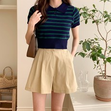 여성용 어웬임 슬림핏 카라 투버튼 단가라 반팔 니트 cpnt4418k32