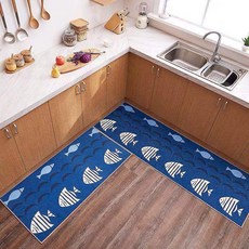 插畫地毯廚房地墊2件組, 23海浪與魚