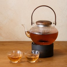 티이야기 내열유리 우드 티팟 세트, 혼합색상, 1세트, 티포트 800ml + 워머 + 연꽃찻잔 2p