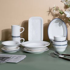 시라쿠스 뉴욕 2인 한식기 세트 14p, 화이트, 미드나잇 블루, 공기 2p + 대접 2p + 찬기 15cm 2p + 접시 16cm 2p + 접시 23cm + 파스타볼 + 타원볼 + 직사각접시 + 오목머그 400ml x 2p, 1세트